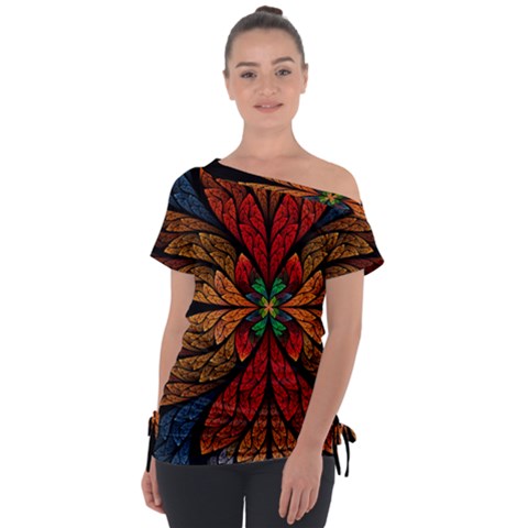 Fractal Floral Flora Ring Colorful Neon Art Off Shoulder Tie-up T-shirt by Cemarart