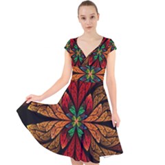 Fractal Floral Flora Ring Colorful Neon Art Cap Sleeve Front Wrap Midi Dress by Cemarart