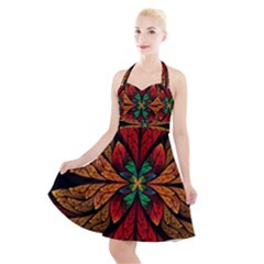 Fractal Floral Flora Ring Colorful Neon Art Halter Party Swing Dress  by Cemarart