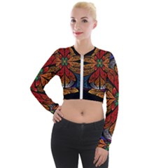 Fractal Floral Flora Ring Colorful Neon Art Long Sleeve Cropped Velvet Jacket by Cemarart