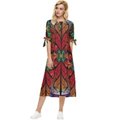 Fractal Floral Flora Ring Colorful Neon Art Bow Sleeve Chiffon Midi Dress by Cemarart