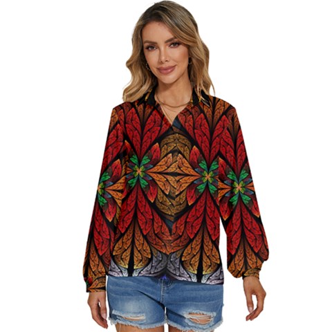 Fractal Floral Flora Ring Colorful Neon Art Women s Long Sleeve Button Up Shirt by Cemarart