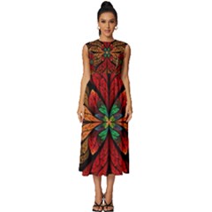 Fractal Floral Flora Ring Colorful Neon Art Sleeveless Round Neck Midi Dress by Cemarart