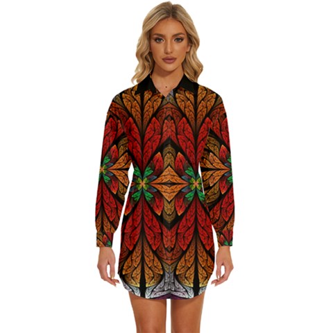 Fractal Floral Flora Ring Colorful Neon Art Womens Long Sleeve Shirt Dress by Cemarart