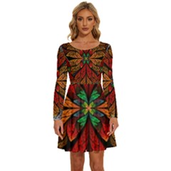 Fractal Floral Flora Ring Colorful Neon Art Long Sleeve Wide Neck Velvet Dress by Cemarart