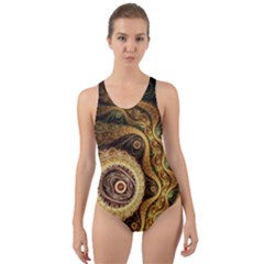 Fractal Floral Ornament Wave Vintage Retro Cut-out Back One Piece Swimsuit by Cemarart