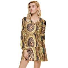 Fractal Floral Ornament Wave Vintage Retro Tiered Long Sleeve Mini Dress by Cemarart