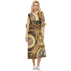 Fractal Floral Ornament Wave Vintage Retro Double Cuff Midi Dress by Cemarart