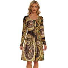 Fractal Floral Ornament Wave Vintage Retro Long Sleeve Dress With Pocket by Cemarart