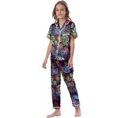 Floral Fractal 3d Art Pattern Kids  Satin Short Sleeve Pajamas Set by Cemarart