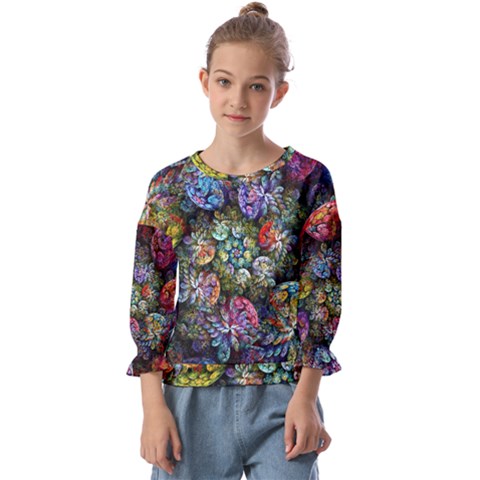 Floral Fractal 3d Art Pattern Kids  Cuff Sleeve Top by Cemarart