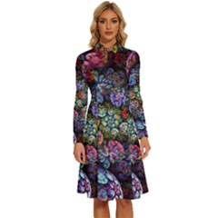 Floral Fractal 3d Art Pattern Long Sleeve Shirt Collar A-line Dress by Cemarart