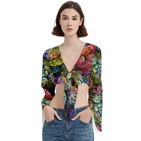 Floral Fractal 3d Art Pattern Trumpet Sleeve Cropped Top by Cemarart