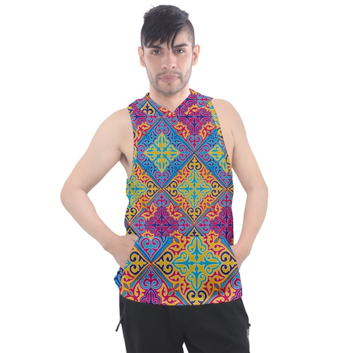 Colorful Flora Flora Kazakh Pattern Men s Sleeveless Hoodie