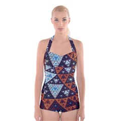 Fractal Triangle Geometric Abstract Pattern Boyleg Halter Swimsuit 