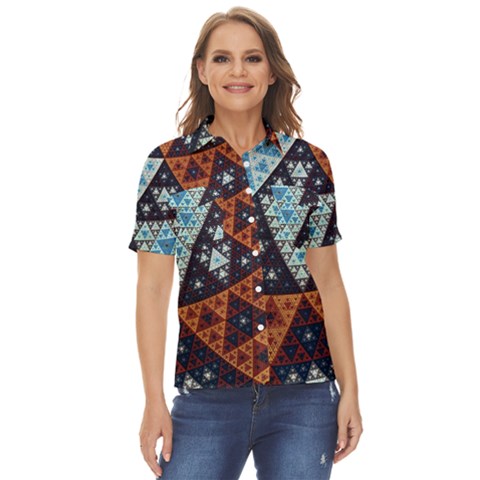 Fractal Triangle Geometric Abstract Pattern Women s Short Sleeve Double Pocket Shirt by Cemarart