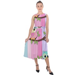 Owls Family Stripe Tree Midi Tie-back Chiffon Dress by Bedest