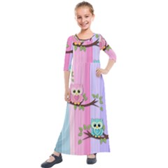 Owls Family Stripe Tree Kids  Quarter Sleeve Maxi Dress