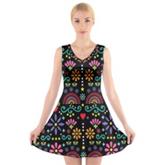 Mexican Folk Art Seamless Pattern V-neck Sleeveless Dress by Bedest