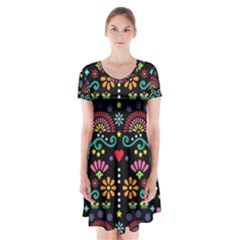 Mexican Folk Art Seamless Pattern Short Sleeve V-neck Flare Dress by Bedest