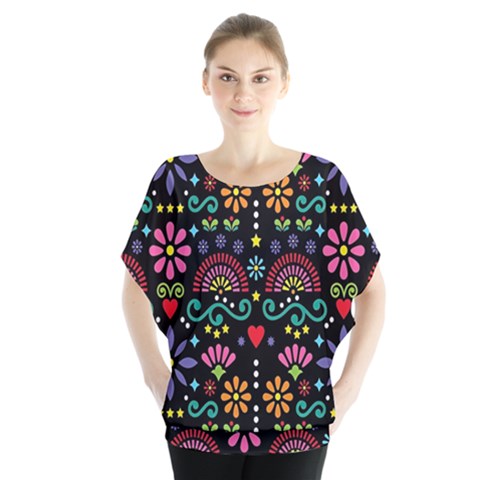 Mexican Folk Art Seamless Pattern Batwing Chiffon Blouse by Bedest