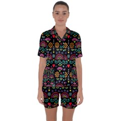 Mexican Folk Art Seamless Pattern Satin Short Sleeve Pajamas Set by Bedest