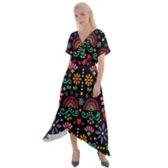 Mexican Folk Art Seamless Pattern Cross Front Sharkbite Hem Maxi Dress by Bedest