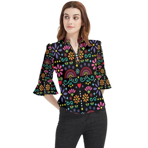 Mexican Folk Art Seamless Pattern Loose Horn Sleeve Chiffon Blouse by Bedest