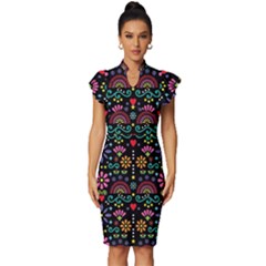 Mexican Folk Art Seamless Pattern Vintage Frill Sleeve V-neck Bodycon Dress by Bedest