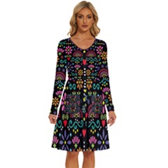 Mexican Folk Art Seamless Pattern Long Sleeve Dress With Pocket by Bedest