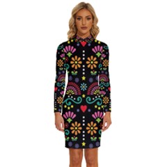 Mexican Folk Art Seamless Pattern Long Sleeve Shirt Collar Bodycon Dress by Bedest