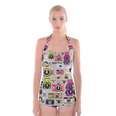 Retro Camera Pattern Graph Boyleg Halter Swimsuit 