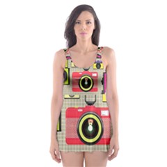 Retro Camera Pattern Graph Skater Dress Swimsuit by Bedest