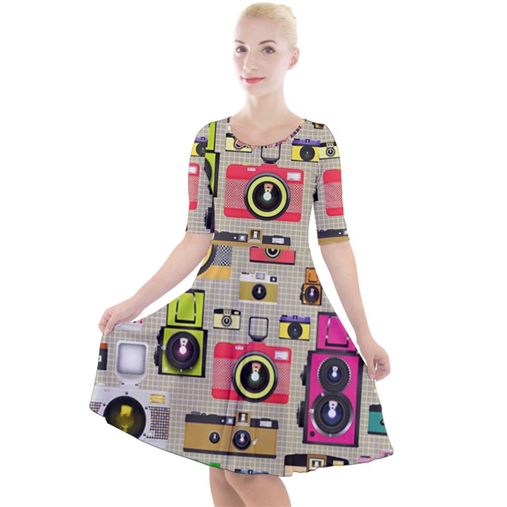 Retro Camera Pattern Graph Quarter Sleeve A-Line Dress