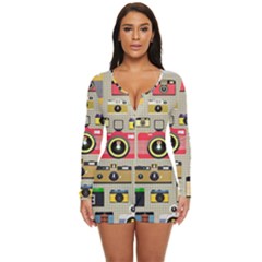 Retro Camera Pattern Graph Long Sleeve Boyleg Swimsuit by Bedest