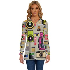 Retro Camera Pattern Graph Long Sleeve Drawstring Hooded Top by Bedest