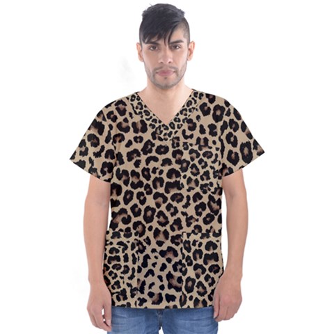 Leopard Animal Skin Patern Men s V-neck Scrub Top by Bedest