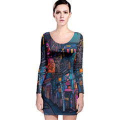 Wallet City Art Graffiti Long Sleeve Velvet Bodycon Dress by Bedest