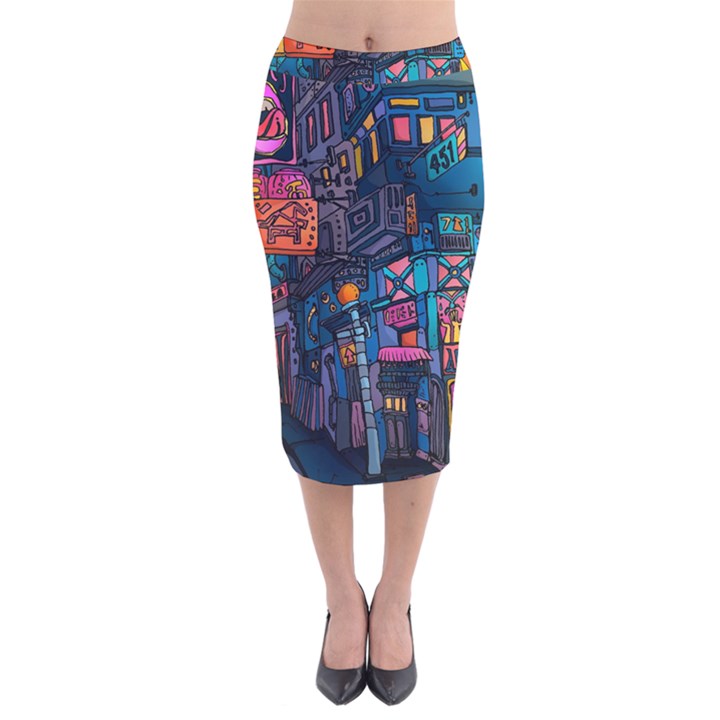 Wallet City Art Graffiti Velvet Midi Pencil Skirt