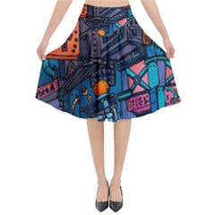 Wallet City Art Graffiti Flared Midi Skirt