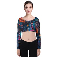 Wallet City Art Graffiti Velvet Long Sleeve Crop Top by Bedest