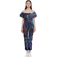 Wallet City Art Graffiti Bardot Ruffle Jumpsuit by Bedest