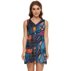 Wallet City Art Graffiti Tiered Sleeveless Mini Dress by Bedest