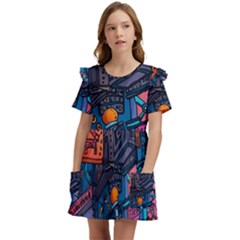 Wallet City Art Graffiti Kids  Frilly Sleeves Pocket Dress by Bedest