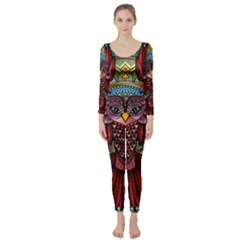 Colorful Owl Art Red Owl Long Sleeve Catsuit by Bedest