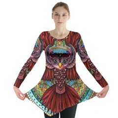 Colorful Owl Art Red Owl Long Sleeve Tunic  by Bedest