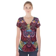 Colorful Owl Art Red Owl Short Sleeve Front Detail Top by Bedest