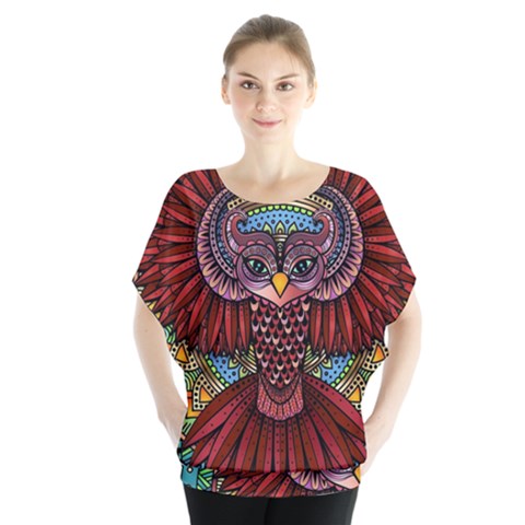 Colorful Owl Art Red Owl Batwing Chiffon Blouse by Bedest