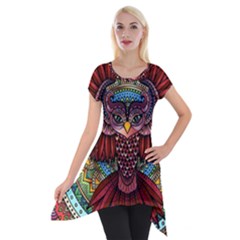 Colorful Owl Art Red Owl Short Sleeve Side Drop Tunic by Bedest