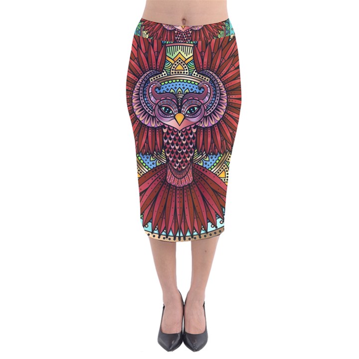 Colorful Owl Art Red Owl Velvet Midi Pencil Skirt